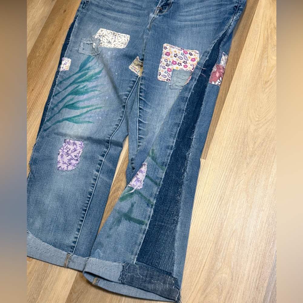 Upcycled Hand-Painted Patchwork Jeans Denim Side … - image 8